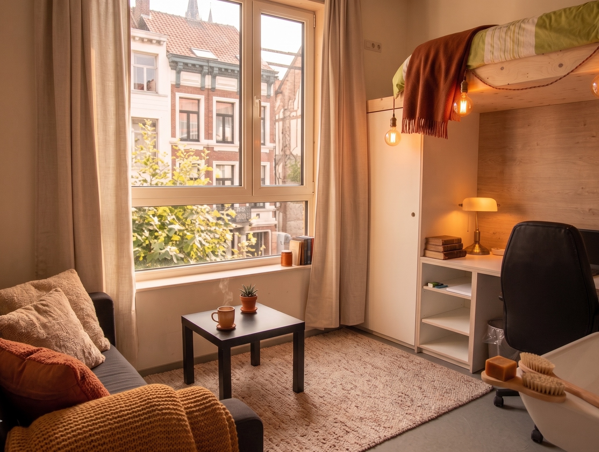 Studentenkot met bureau en groot zitraam