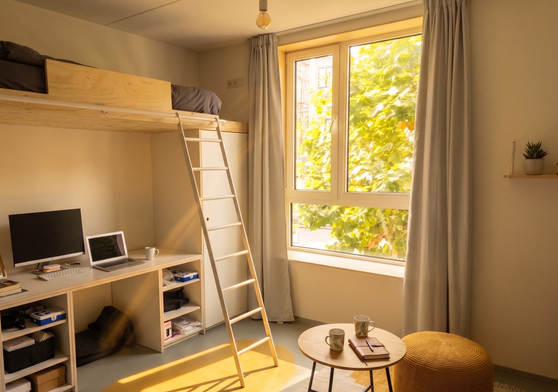 Trendy ingericht studentenkot met hoogslaper en bureau op maat